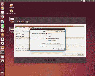 Screenshot showing the creation of the Ubuntu root partition