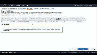 Screenshot showing the Amazon EC2 EBS storage volume configuration options