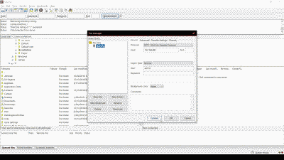 Screenshot showing the FileZilla client configuration for FTP access to the MikroTik router