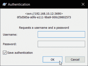 Screenshot showing TortoiseSVN authentication pop up box