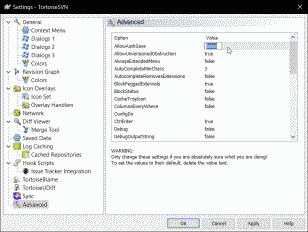 Screenshot showing the TortoiseSVN advanced settings menu