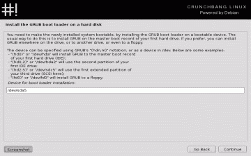 Screenshot of the CrunchBang bootloader install screen
