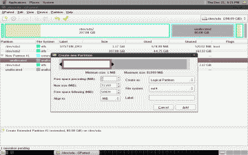 Screenshot showing the creation of a new Logical Partition in GParted