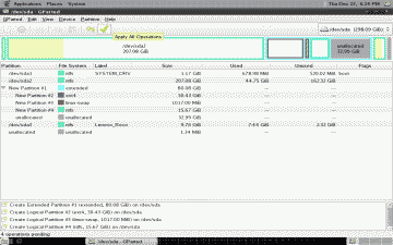 Screenshot of the new partition layout created for CrunchBang using GParted