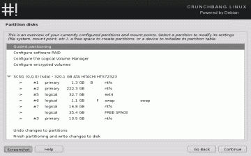 Screenshot of the CrunchBang partition preparation screen