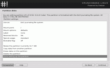 Screenshot of the CrunchBang prepare partition screen