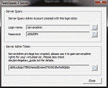 Screenshot showing the Server Query credentials and Server Admin Token after initial TeamSpeak server startup