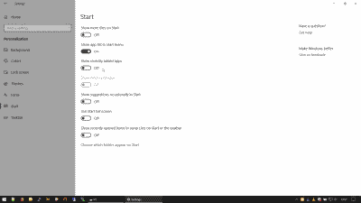 Screenshot showing Windows 10 Start menu settings